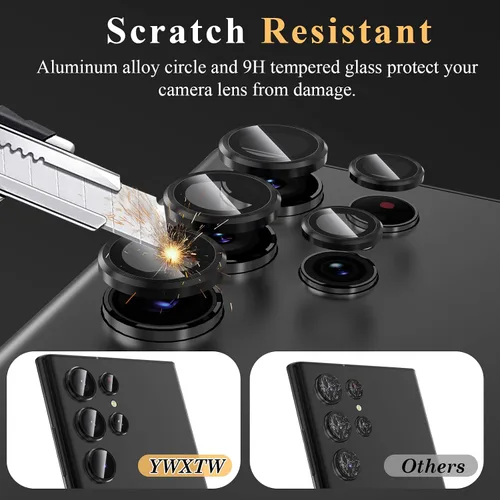 Vista 3 de YWXTW para Samsung Galaxy S23 Ultra Protector de lente de cámara, Protector de pantalla de lente de cámara de vidrio templado con anillo metálico
