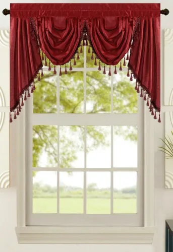 Vista 13 de All American Collection Nueva Cenefa de Cascada Doble de Seda Sintética Sólida Adjunta con Colas (55" x 32", Cenefa Beige)