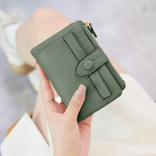 Vista 3 de Carteras pequeñas de triple pliegue para mujer, carteras Rfid para mujer, billeteras plegables de cuero para mujer, portatarjetas compactas