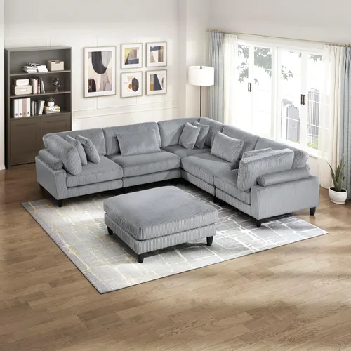 Vista 19 de Lexicon Sofá modular de 120 pulgadas, sofá modular de microfibra de gran tamaño de 4 plazas en forma de L, 6 almohadas decorativas y arreglo Beige