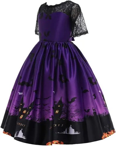 Vista 3 de IZKIZF Disfraz de fiesta de Halloween para niñas y niñas, bruja, fantasma, calabaza, calavera, cosplay, trajes de disfraces con sombrero de bruja