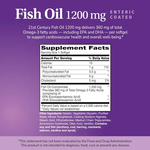 Vista 2 de 21st Century Aceite de pescado 1200 mg cápsulas blandas con revestimiento entérico, 90