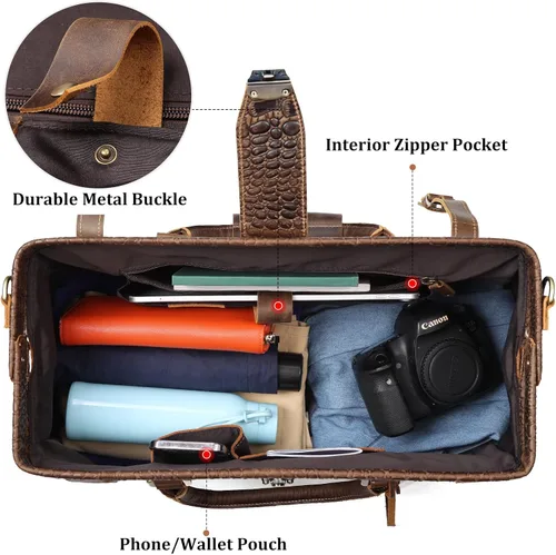 Vista 6 de Polare - Bolsa de lona elegante para hombre, 21 pulgadas, de piel de vaca, para viajes, Marrón
