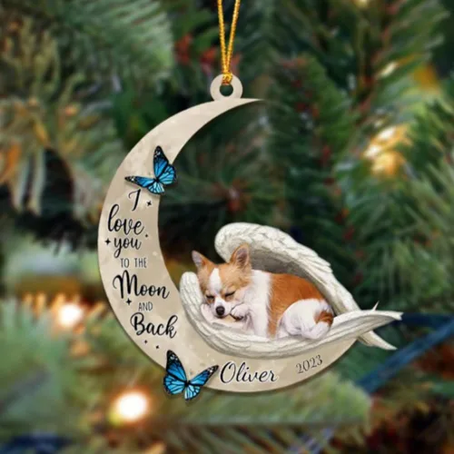 Vista 146 de Adorno colgante personalizado de ángel durmiendo en la luna, perro sabueso afgano, nombre personalizado, acrílico impreso en 2D plano – cumpleaños