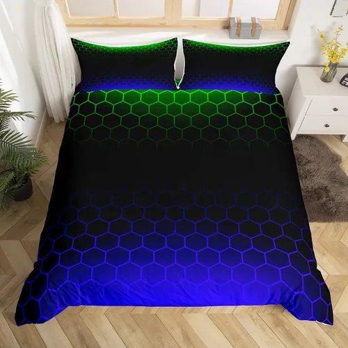 Vista 9 de Juego de ropa de cama geométrica de panal verde y azul, funda de edredón hexagonal estereoscópica para niños y niñas, funda de edredón hexagonal
