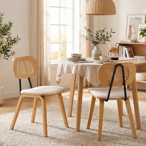 Vista 16 de Juego de 2 sillas de comedor de ratán, asiento de piel sintética Beige/Negro
