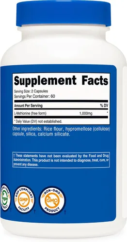 Vista 5 de Nutricost L-metionina (1,000 mg) 120 cápsulas - 60 porciones, sin gluten, sin OMG