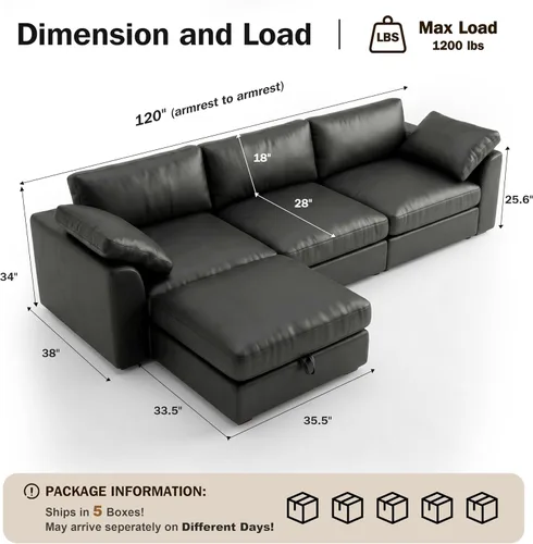 Vista 2 de WEUP Sofá modular de nube de 120 pulgadas de gran tamaño para sala de estar, sofá de nube en forma de L con otomana de almacenamiento, sofá de piel