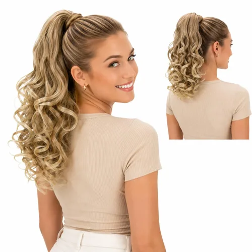 Vista 11 de PRETTYSHOP 16 o 20 pulgadas clip para el pelo en extensión cola de caballo 2 en 1 rizada resistente al calor Negro Marrón #2 H8-2