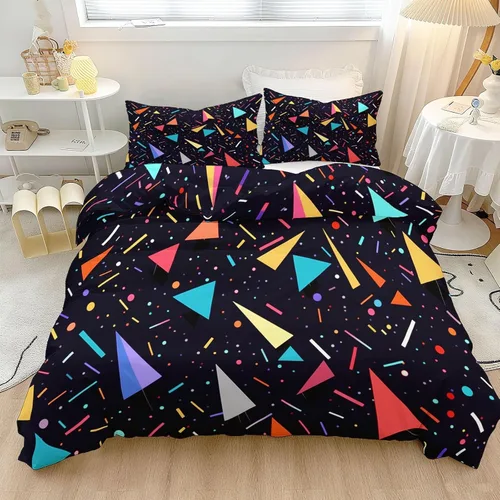 Vista 4 de Duvet Cover Minimalist Geometric Ribbons Triangles Pattern, Soft Breathable Anti-Pilling Black Print Comforter Cover 68" x 86", Twin Size Bedding