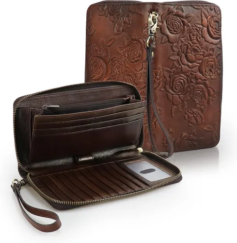 Vista 7 de Cartera de cuero con bloqueo RFID para mujer, de gran capacidad, con correa de mano desmontable