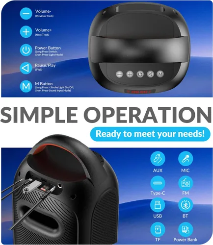Vista 5 de Altavoces Bluetooth inalámbricos: sonido fuerte de 120 dB, 8 luces LED dinámicas, 5 modos RGB, Bluetooth 5.3, entrada TWS/USB/TF/AUX/FM/Mic, mango