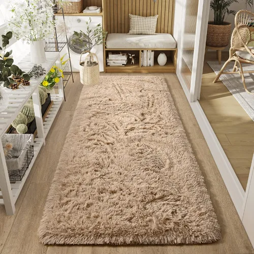 Vista 7 de DweIke Alfombras de pasillo beige esponjosas para dormitorio, 2 x 6 pies, alfombra larga de felpa suave para niñas y niños, antideslizante y lavable