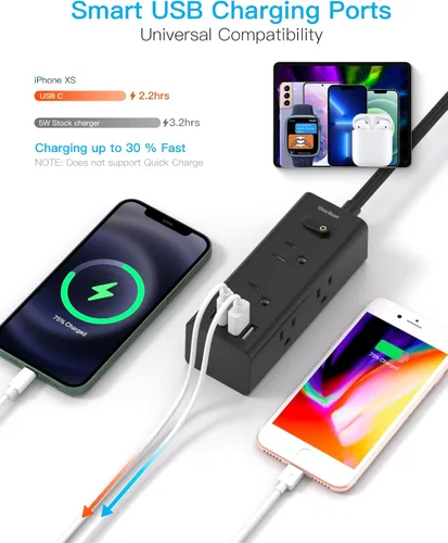 Vista 5 de Cable de extensión de 1 pie con múltiples tomas, regleta de alimentación de enchufe plano con cable de 1 pie, 6 tomas de corriente, 4 puertos USB