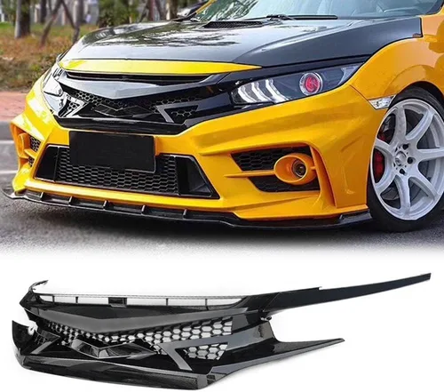 Vista 8 de G-PLUS Compatible con Honda Civic Sedan Coupé 2016-2018 Rejilla de malla parachoques delantero JDM estilo batalla parrilla capó parrillas + 2 cejas