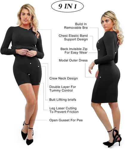 Vista 3 de Popilush 9 in 1 Shapewear Dress Long Sleeve Crew Neck Midi Dress for 2024