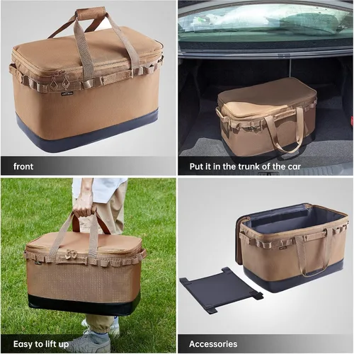 Vista 5 de Bolsa plegable para transportar alimentos, bolsa portátil para comestibles (48 litros), adecuada para catering, catering, picnic, campamento, Marrón