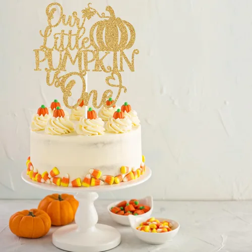 Vista 4 de Purpurina dorada, "Our Little Pumpkin is One Cake Topper, Little Pumpkin/Sweet Little Pumpkin/Pumpkin One, calabaza, otoño, temática, decoración