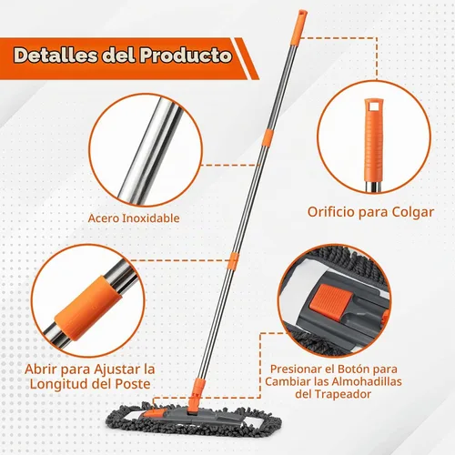 Vista 7 de Trapeador de polvo para limpieza de suelos con 3 almohadillas lavables y mango de acero inoxidable de 55 pulgadas de largo, mopa de microfibra