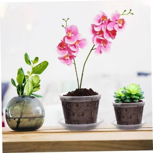 Vista 6 de 3 macetas de plástico translúcido para orquídeas para agujeros de drenaje, macetas de interior para plantas y platillos Set, Sturdy Crack Resistant