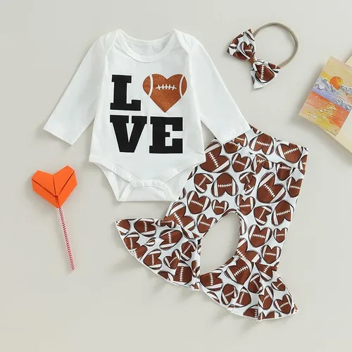 Vista 2 de Newborn Baby Girl Clothes Letter Short Sleeve Football Romper Top Love Pants Set Infant Cute Outfits