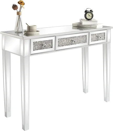 Vista 4 de Mesa de tocador plateada con 3 cajones, acabado de cajón de diamante brillante, mesa auxiliar de espejo para pasillo, sala de estar, tocador