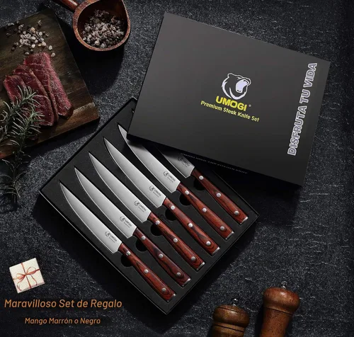 Vista 5 de Juego de 6 cuchillos de carne de alta calidad en caja de regalo, mango de madera pulida, acero inoxidable alemán HC, borde recto, no dentado