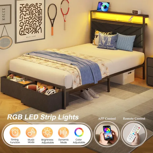 Vista 5 de HISOFT Twin Bed Frame with Charging Station, LED Lights & 2 Storage Drawers, Black Platform Bed with Upholstered Headboard, Under-Bed Storage, No