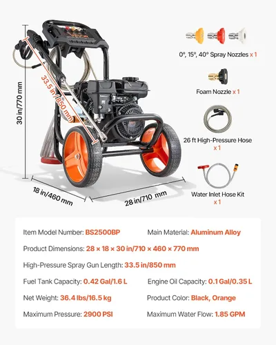 Vista 7 de VEVOR Lavadora a presión de gas 2900 PSI y 1.85 GPM máximo, bomba de aluminio mejorada con pistola rociadora y varita, juego de 4 boquillas