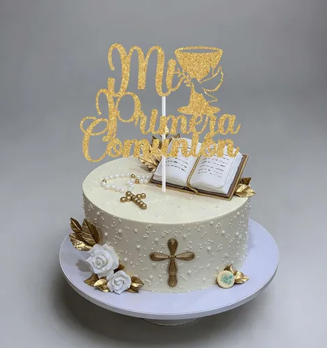 Vista 4 de Mi Primera - Decoración para tartas de comunión, decoración de pastel de la primera comunión española, suministros de decoración de fiesta de Dorado