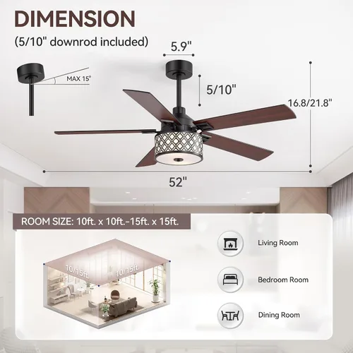 Vista 6 de 52" Farmhouse Ceiling Fans with Lights and Remote, 6-Speed Reversible DC Motor, Double-Sided 5 Blades, Timer, Indoor Ceiling Fan with Caged