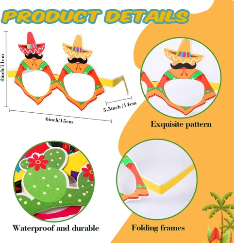 Vista 2 de Meooeck 24 pares de anteojos mexicanos para fiesta cinco de mayo, gafas de papel, Taco, cactus, fiesta, decoración mexicana para fiestas