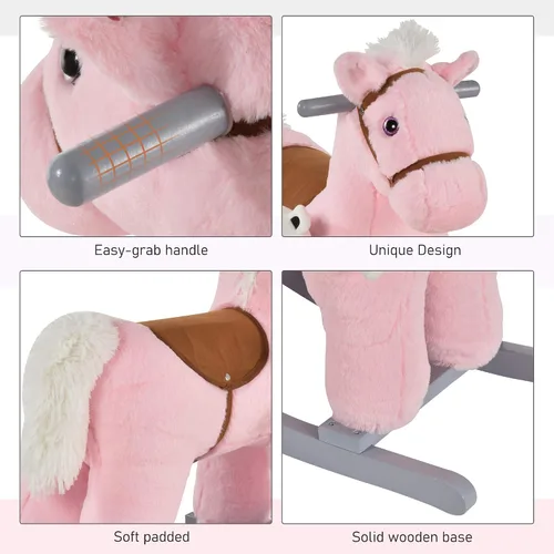 Vista 5 de Qaba Caballo mecedor de peluche para niños con juguete de oso, silla para niños con juguete de felpa suave y divertidos sonidos realistas, rosa
