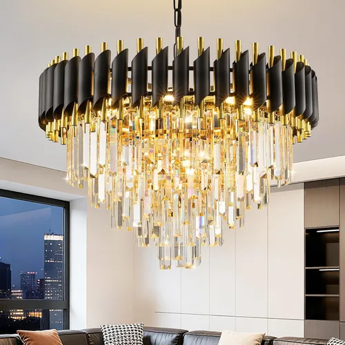 Vista 19 de Candelabro de cristal negro de 20 pulgadas, K9, luces colgantes redondas, ajustables, de 4 niveles, gran lámpara de cristal moderna, 6 luces