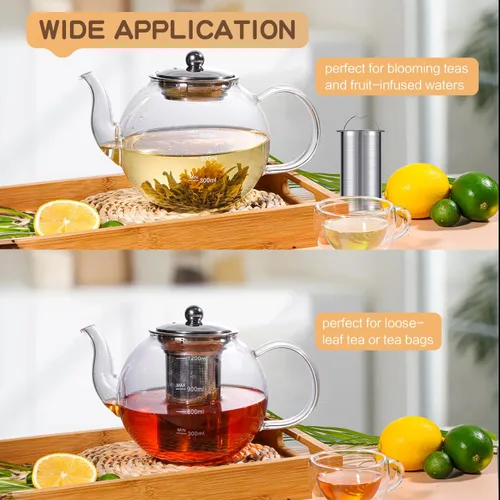 Vista 5 de Tetera de vidrio, Zpose 1200 ml/40 oz de tetera con infusor de acero inoxidable extraíble, tetera de vidrio transparente con línea de escala, tetera