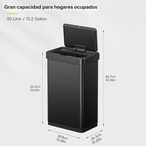 Vista 2 de EKO EcoNova Bote de basura automático con sensor de 13.2 galones/50L para cocina, bote de basura sin tocar de acero inoxidable con tapa de cierre