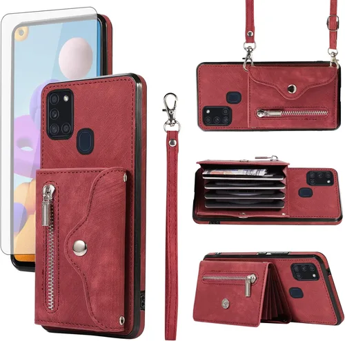 Vista 8 de Funda para teléfono Samsung Galaxy A21S con protector de pantalla de vidrio templado y correa cruzada para la muñeca, cordón para el hombro, soporte