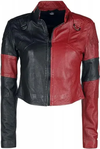 Vista 2 de Margot Robbie Suicide Squad Harley Quinn, disfraz de cosplay de chaqueta corta de cuero