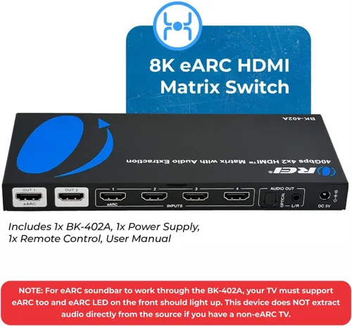 Vista 2 de OREI 8K eARC HDMI Matrix Switch 4 X 2, conmutador con extractor de audio UltraHD que soporta hasta 4K @ 120Hz IR EDID HDCP 2.3 - Control remoto