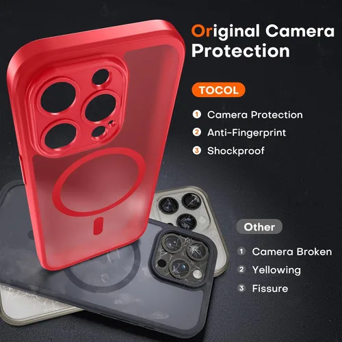 Vista 457 de TOCOL Funda magnética 3 en 1 para iPhone 15 Pro, mejorada [protección completa de cámara] con 2 protectores de pantalla, compatible con MagSafe Gris