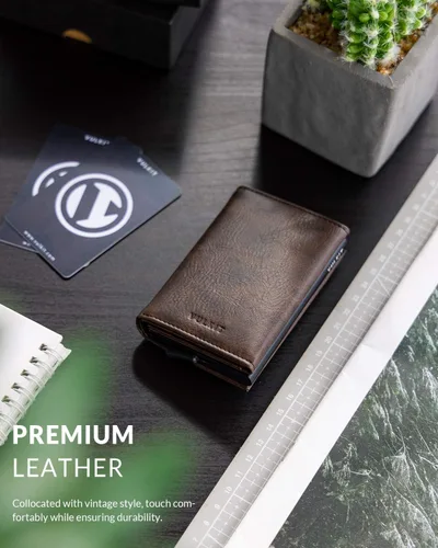 Vista 5 de VULKIT Cartera plegable de cuero con compartimento para billetes, ventana de identificación y moneda