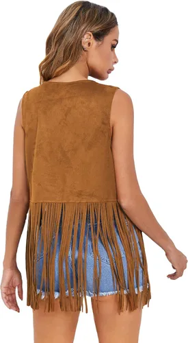 Vista 2 de Verdusa Chaleco sin mangas con borlas para mujer, estilo hippie de los años 70, de ante sintético