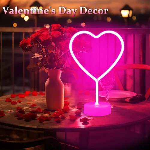 Vista 4 de BHCLIGHT Letrero de neón de corazón rosa, luz LED de neón para el día de San Valentín, funciona con pilas o USB, luces de corazón rosa de San