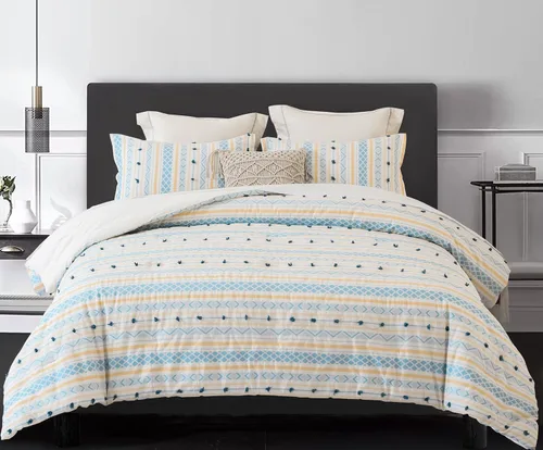 Vista 10 de Sleepbella - Edredón tamaño individual, algodón de 600 hilos, patchwork a rayas en blanco y azul marino, diseño reversible en azul, con relleno