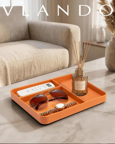 Vista 7 de VLANDO Valet Tray for Men, PU Leather Catchall Tray with Dividers Orange