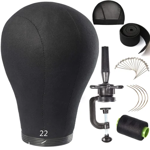 Vista 7 de Cabeza de peluca de 20 pulgadas, cabeza de bloque de maniquí de lona de corcho con soporte para hacer pelucas (20 pulgadas)