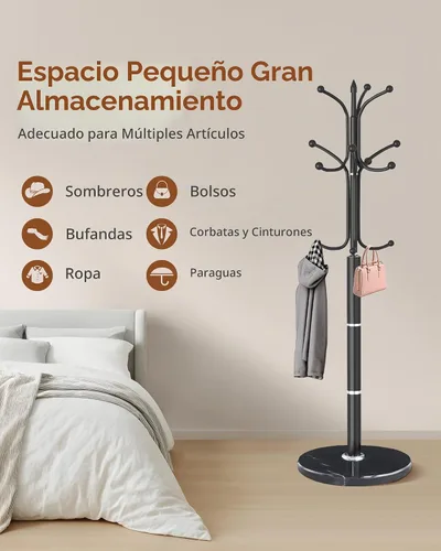 Vista 4 de Snaikor Perchero de metal independiente, soporte de perchero resistente con base de mármol natural, árbol de abrigos modernos en negro para colgar