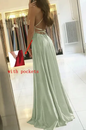 Vista 2 de POMUYOO Vestidos de dama de honor con tirantes delgados para mujer, con bolsillos, vestido largo de baile de graduación con abertura, vestido formal
