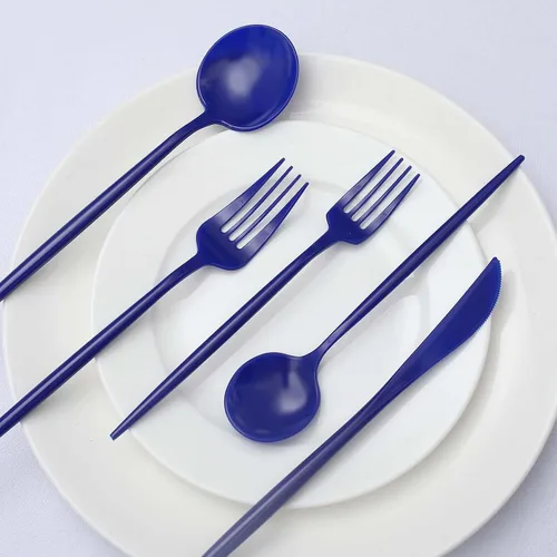 Vista 5 de Tableclothsfactory Juego de 50 cubiertos de plástico resistente, color azul real, cubiertos elegantes desechables de primera calidad