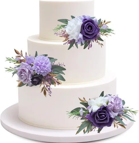Vista 12 de Marriwise 3 piezas de flores prefabricadas, decoración de pastel de boda rosa baya, decoración de flores artificiales para boda, ceremonia